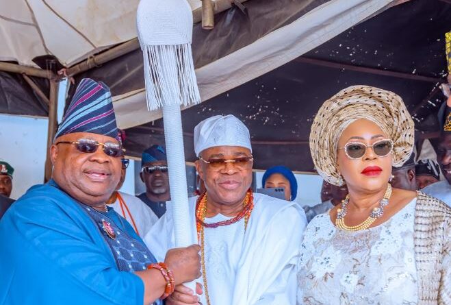 Governor Adeleke presents Staff of Office to new Owa Obokun, Oba Haastrup